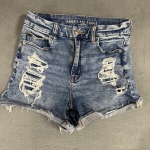 American Eagle Curvy Hi-Rise Shortie Blue Denim Jean Shorts Next Level Stretch 4